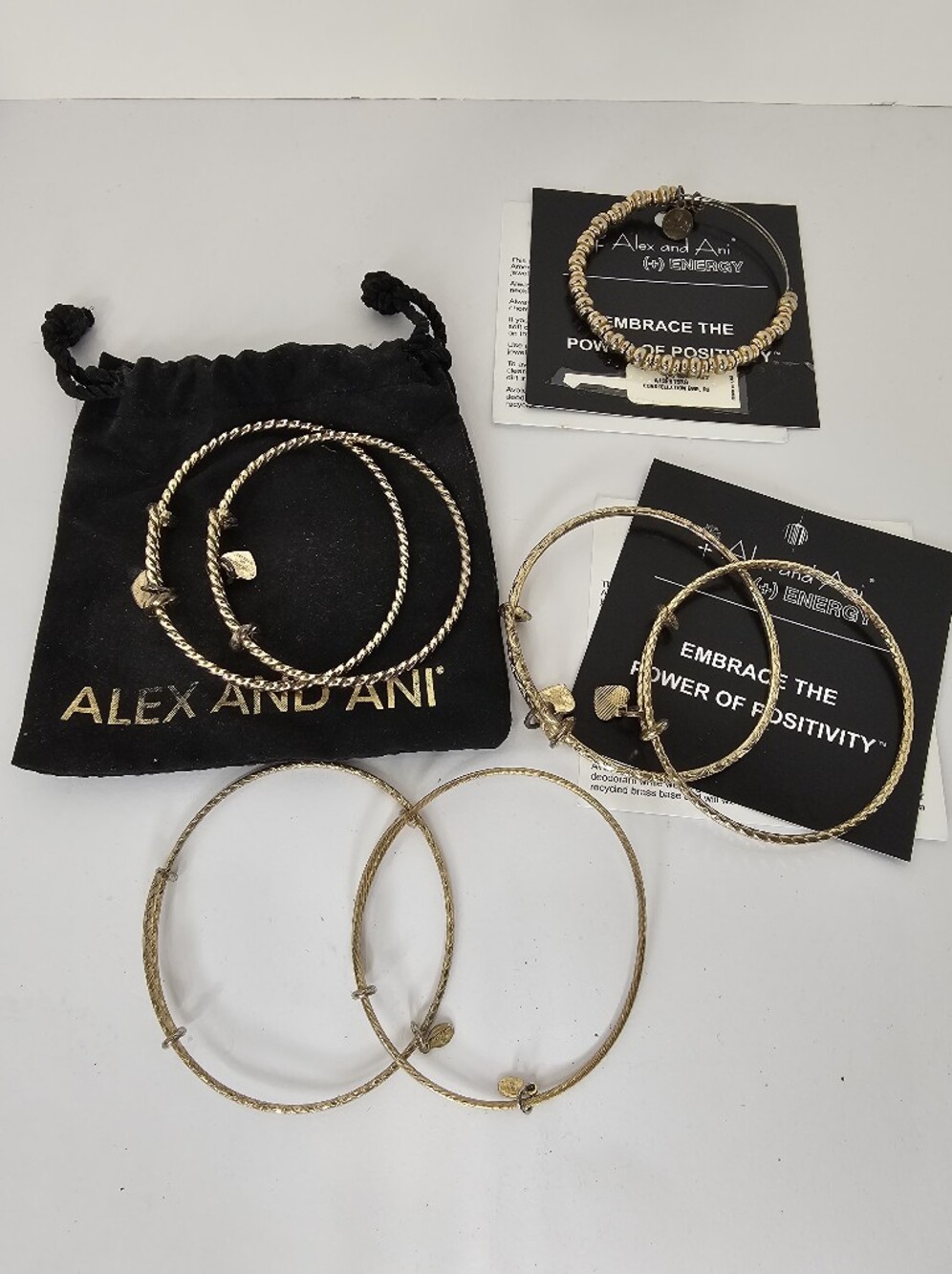 Auth Alex and Ani Gold Tone Bangle Bracelet Set of 7 - Vintage w/ Dust Bag